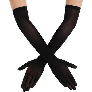 Women's Tulle Mesh Black Long Gloves Stretchy Elbow Length Halloween Party